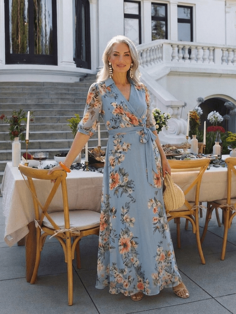 Cassandra | Vestido largo cruzado floral con escote en V - VENZA BARCELONA