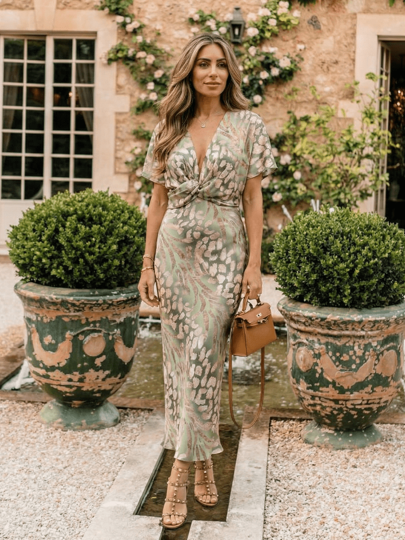 Núria | Vestido midi con estampado abstracto, escote en V y cintura cruzada - VENZA BARCELONA