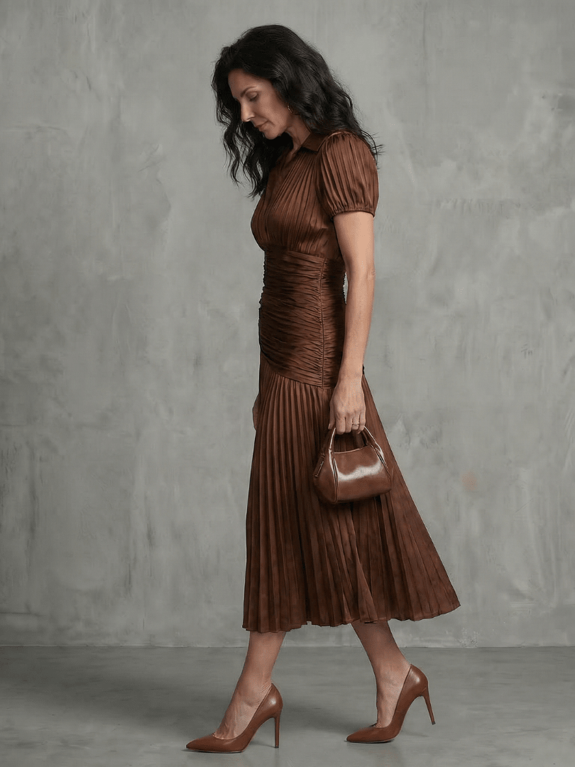 Aitana | Vestido midi a rayas con cintura plisada - VENZA BARCELONA