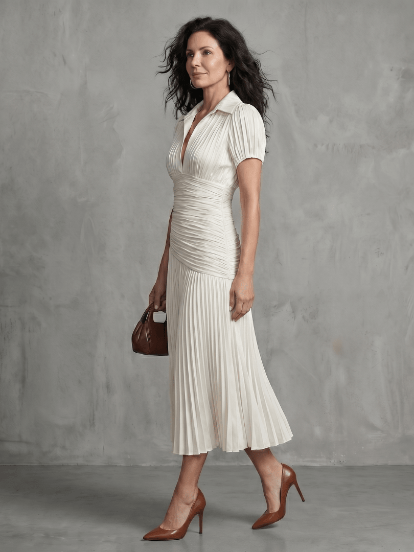 Aitana | Vestido midi a rayas con cintura plisada - VENZA BARCELONA