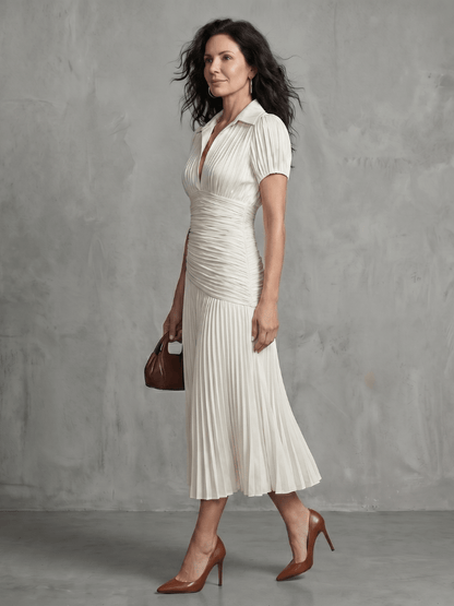 Aitana | Vestido midi a rayas con cintura plisada - VENZA BARCELONA