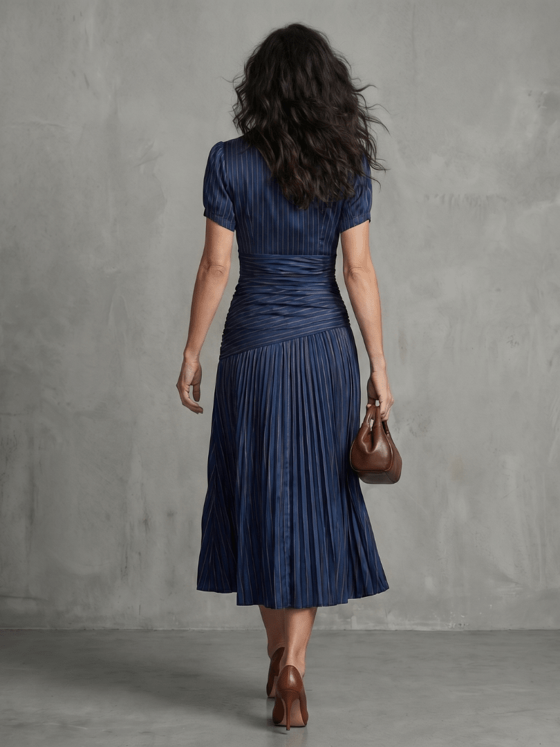 Aitana | Vestido midi a rayas con cintura plisada - VENZA BARCELONA