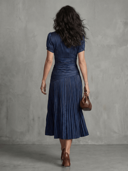 Aitana | Vestido midi a rayas con cintura plisada - VENZA BARCELONA