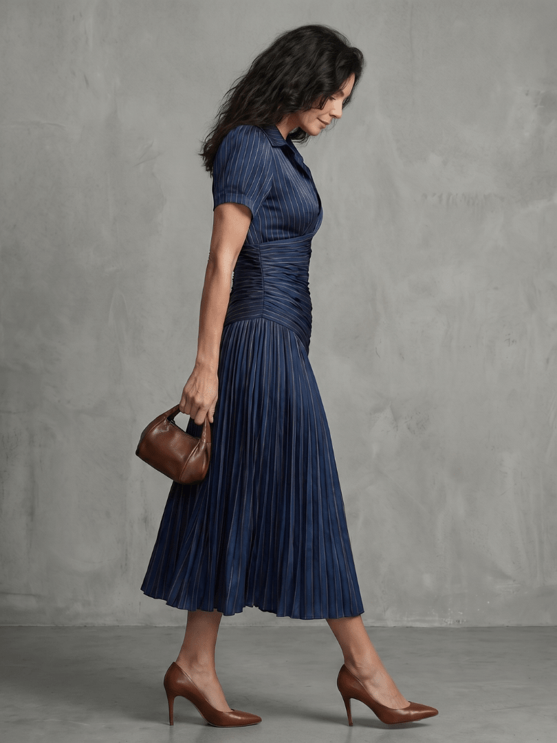 Aitana | Vestido midi a rayas con cintura plisada - VENZA BARCELONA