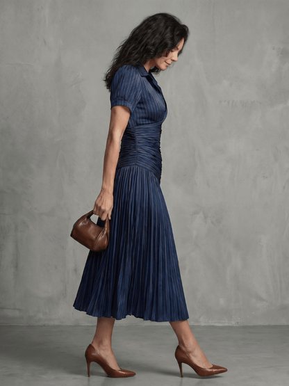 Aitana | Vestido midi a rayas con cintura plisada - VENZA BARCELONA