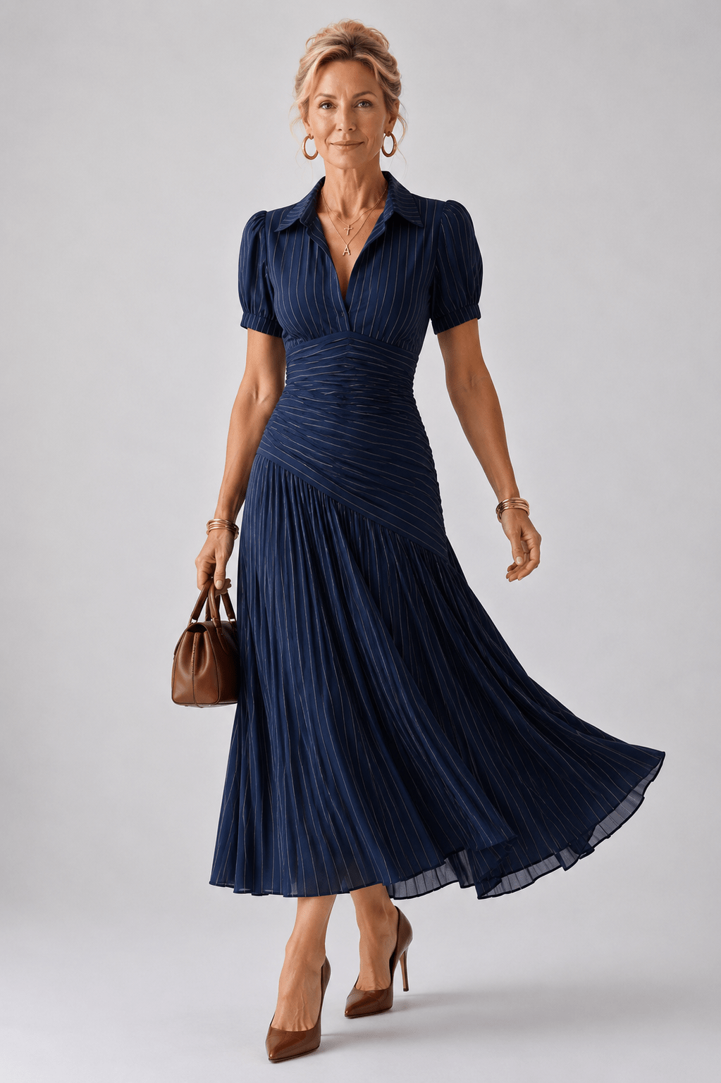 Aitana | Vestido midi a rayas con cintura plisada - VENZA BARCELONA