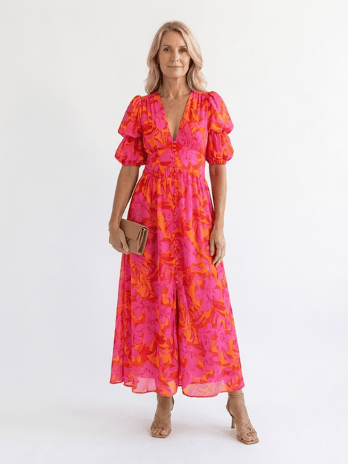 Andromeda | Vestido midi floral con escote en V y mangas abullonadas - VENZA BARCELONA
