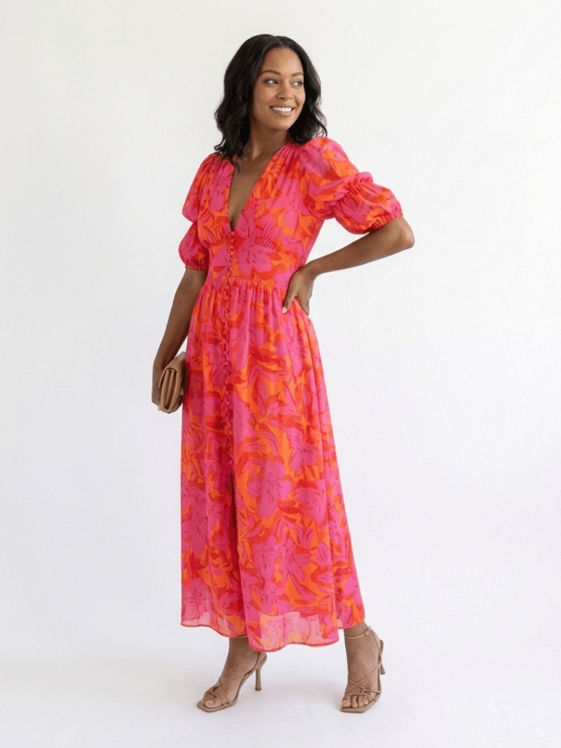 Andromeda | Vestido midi floral con escote en V y mangas abullonadas - VENZA BARCELONA
