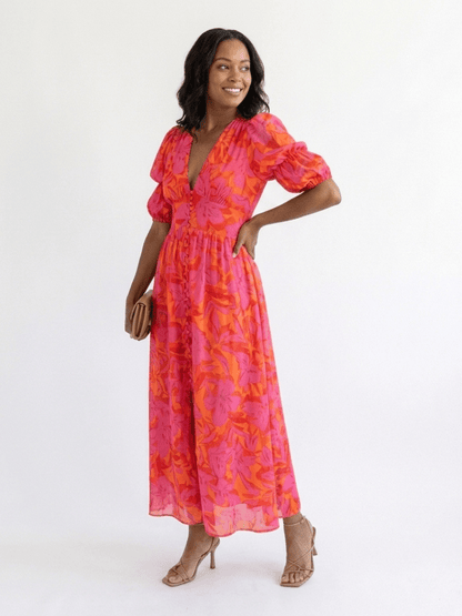 Andromeda | Vestido midi floral con escote en V y mangas abullonadas - VENZA BARCELONA