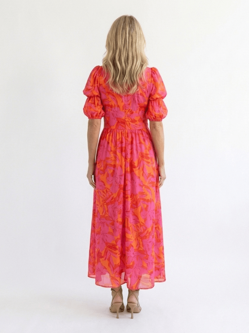 Andromeda | Vestido midi floral con escote en V y mangas abullonadas - VENZA BARCELONA