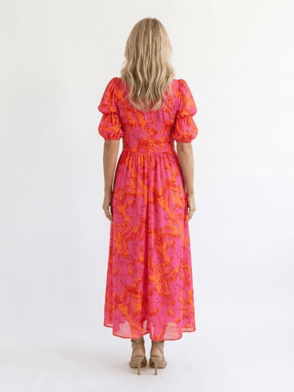 Andromeda | Vestido midi floral con escote en V y mangas abullonadas - VENZA BARCELONA