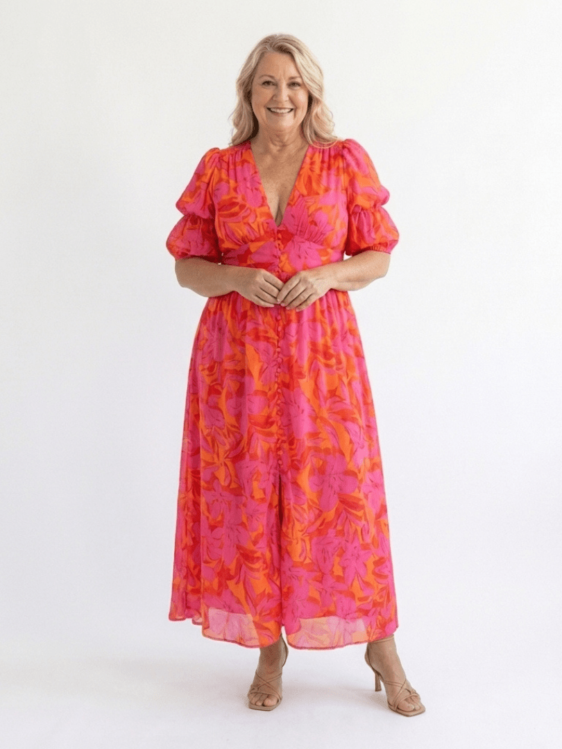 Andromeda | Vestido midi floral con escote en V y mangas abullonadas - VENZA BARCELONA