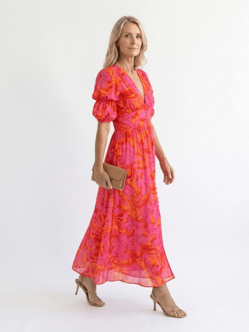 Andromeda | Vestido midi floral con escote en V y mangas abullonadas - VENZA BARCELONA