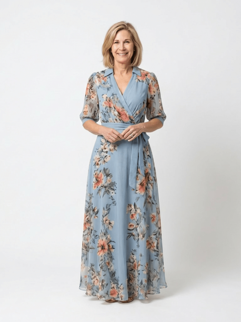 Cassandra | Vestido largo cruzado floral con escote en V - VENZA BARCELONA