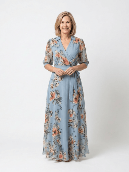 Cassandra | Vestido largo cruzado floral con escote en V - VENZA BARCELONA
