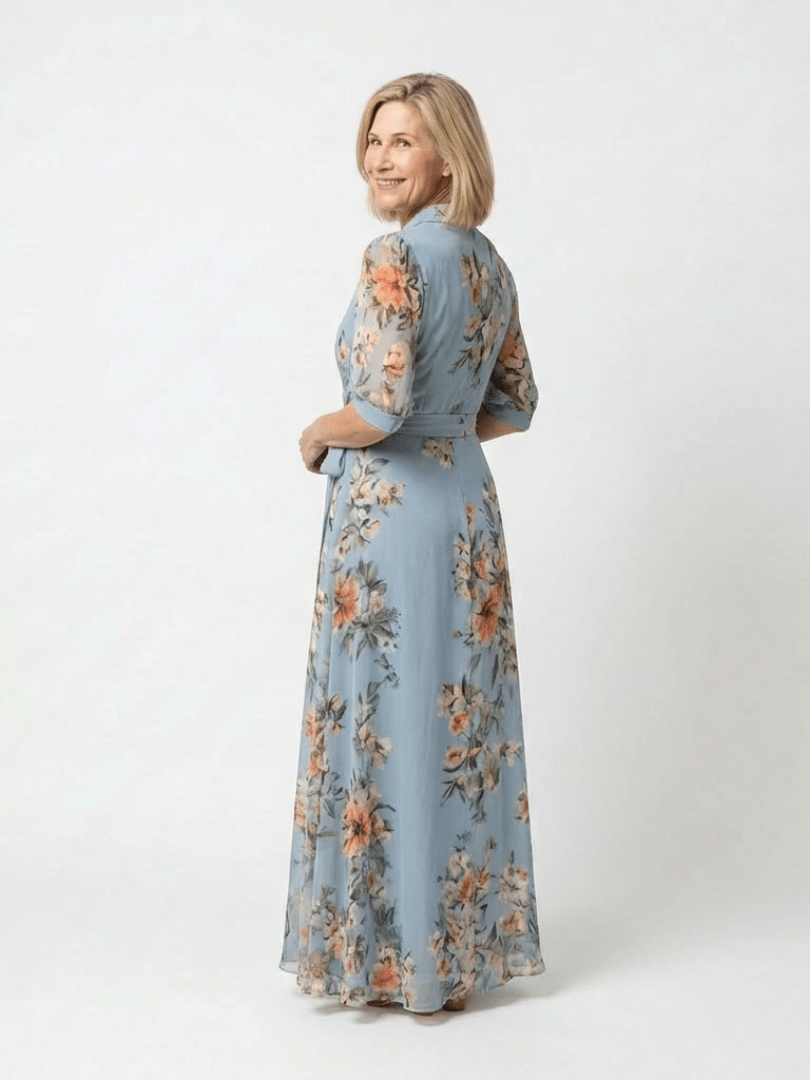 Cassandra | Vestido largo cruzado floral con escote en V - VENZA BARCELONA