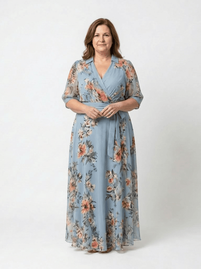 Cassandra | Vestido largo cruzado floral con escote en V - VENZA BARCELONA