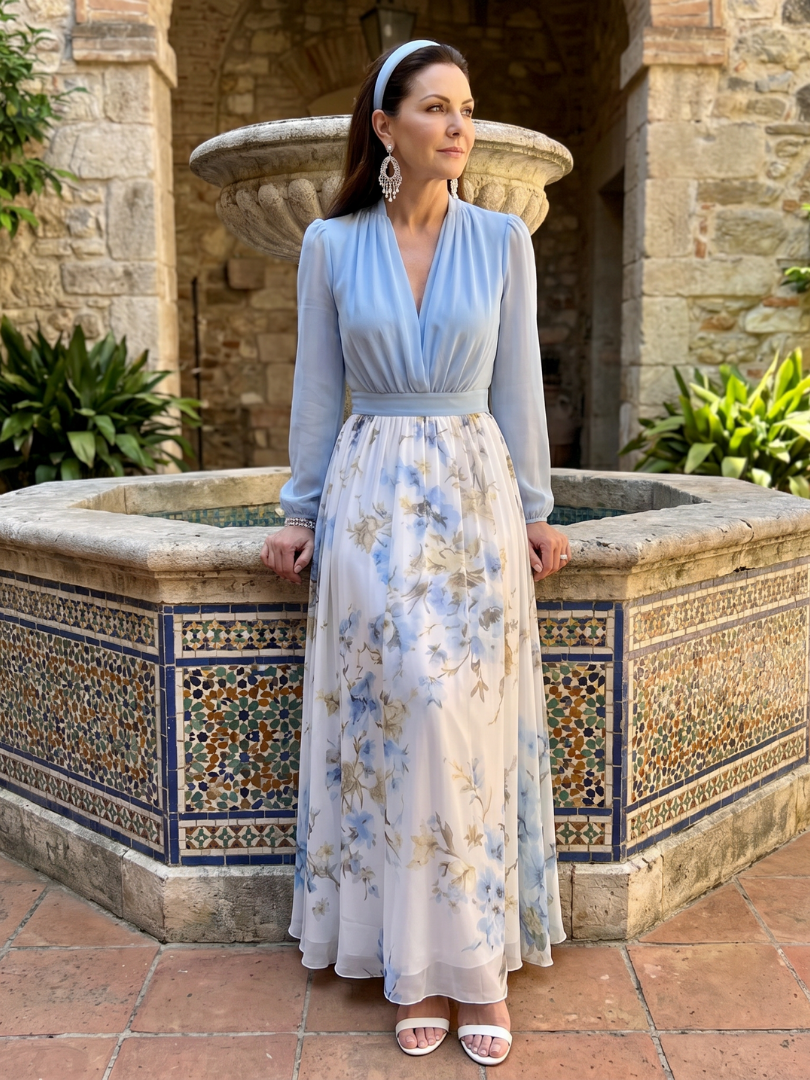 Catalina | Vestido largo floral con escote en V y cuerpo transparente - VENZA BARCELONA