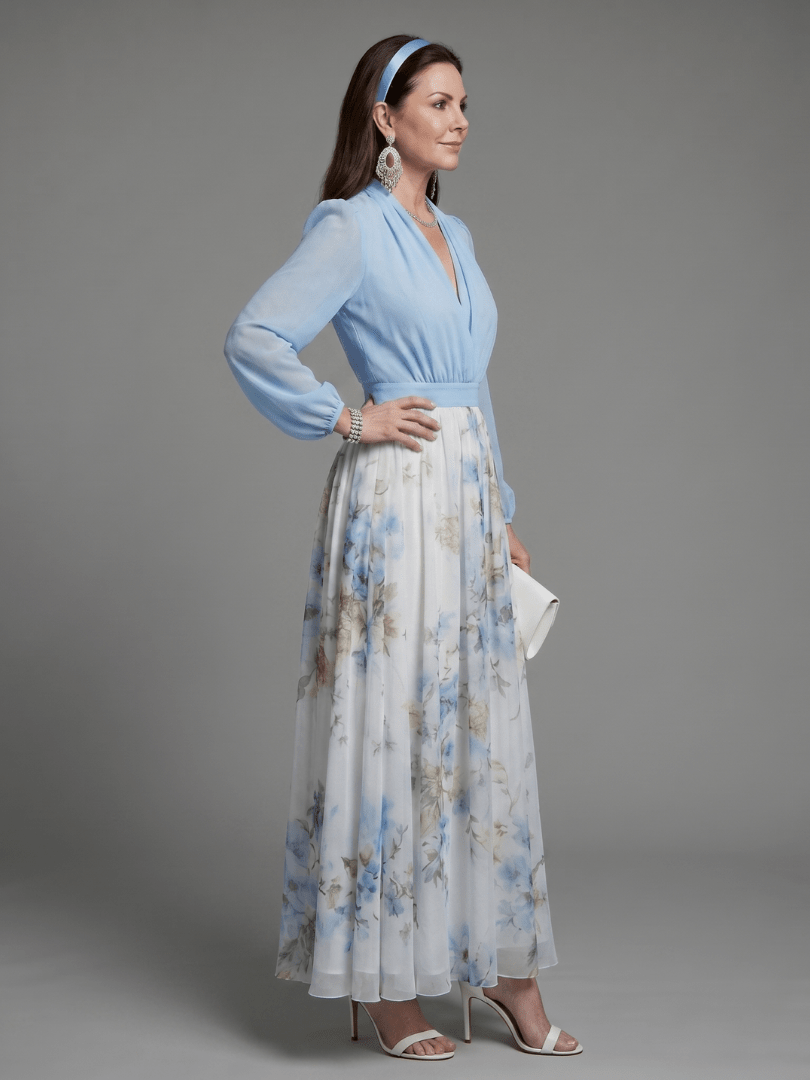 Catalina | Vestido largo floral con escote en V y cuerpo transparente - VENZA BARCELONA
