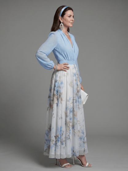 Catalina | Vestido largo floral con escote en V y cuerpo transparente - VENZA BARCELONA