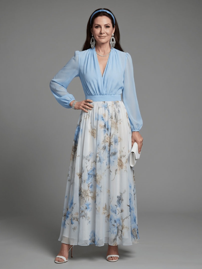 Catalina | Vestido largo floral con escote en V y cuerpo transparente - VENZA BARCELONA