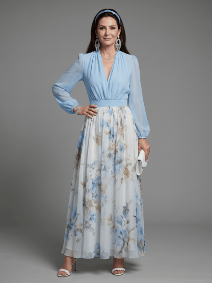Catalina | Vestido largo floral con escote en V y cuerpo transparente - VENZA BARCELONA