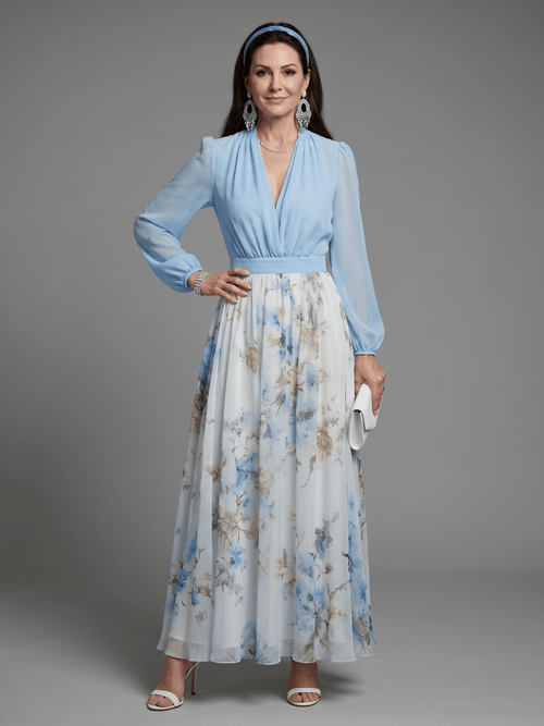 Catalina | Vestido largo floral con escote en V y cuerpo transparente - VENZA BARCELONA