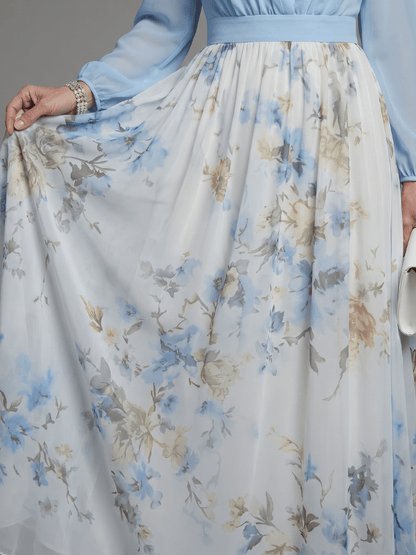 Catalina | Vestido largo floral con escote en V y cuerpo transparente - VENZA BARCELONA