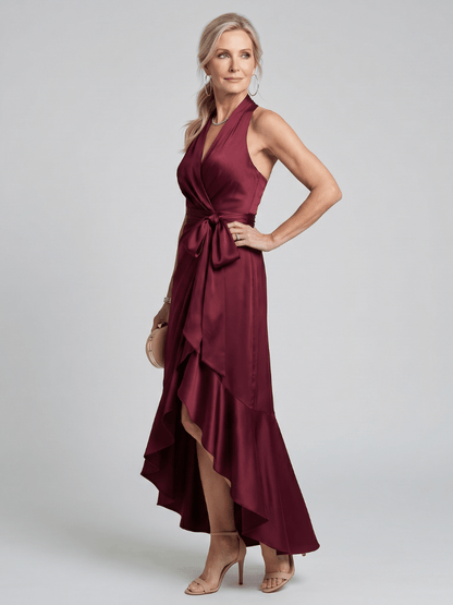 Costanza | Vestido midi cruzado con cuello halter y bajo asimétrico - VENZA BARCELONA