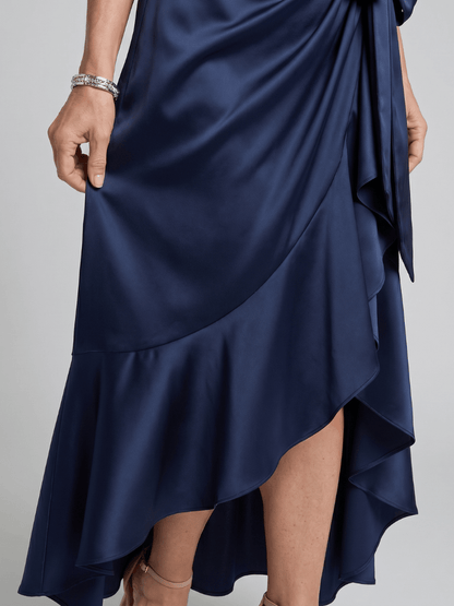 Costanza | Vestido midi cruzado con cuello halter y bajo asimétrico - VENZA BARCELONA