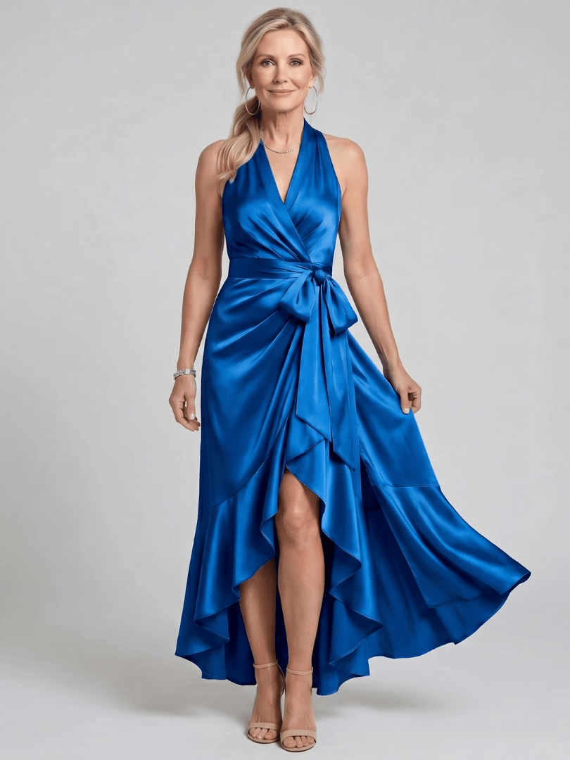 Costanza | Vestido midi cruzado con cuello halter y bajo asimétrico - VENZA BARCELONA