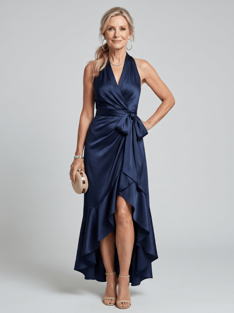Costanza | Vestido midi cruzado con cuello halter y bajo asimétrico - VENZA BARCELONA