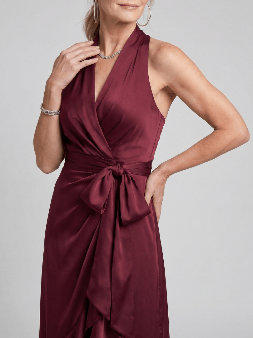 Costanza | Vestido midi cruzado con cuello halter y bajo asimétrico - VENZA BARCELONA