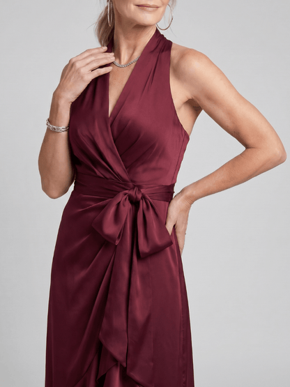 Costanza | Vestido midi cruzado con cuello halter y bajo asimétrico - VENZA BARCELONA