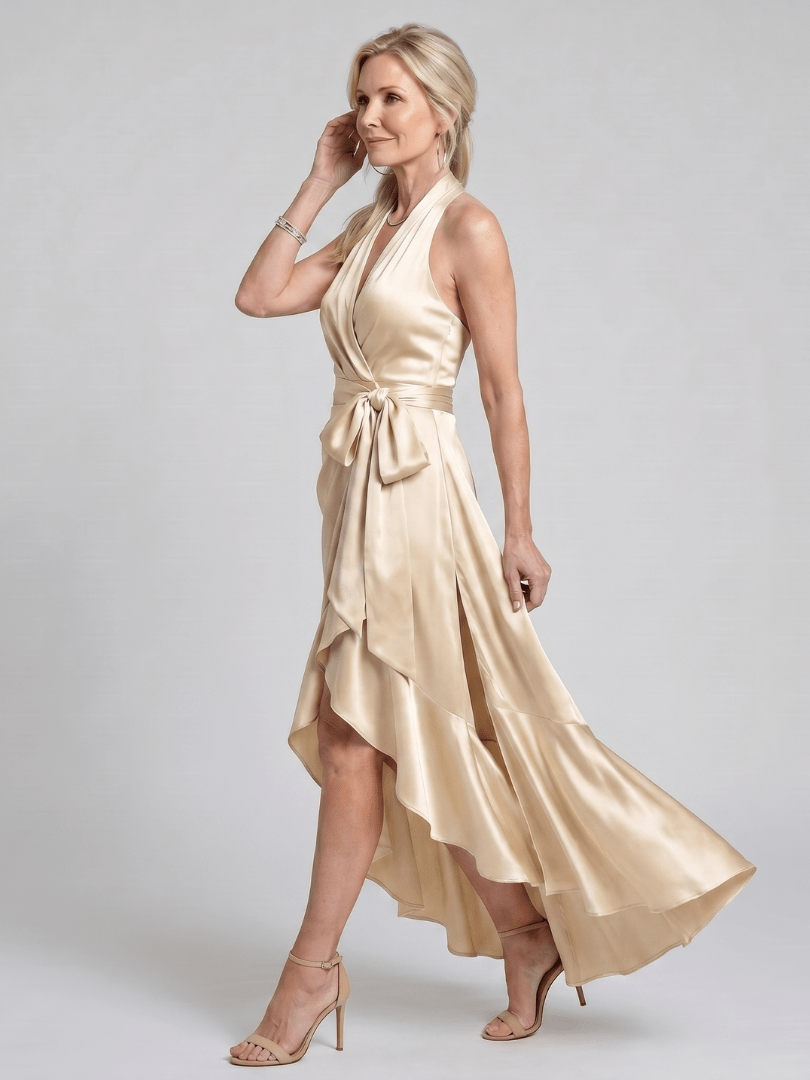 Costanza | Vestido midi cruzado con cuello halter y bajo asimétrico - VENZA BARCELONA