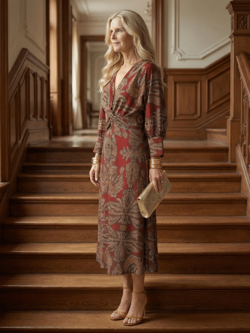 Fiorella | Vestido midi cruzado natural - VENZA BARCELONA