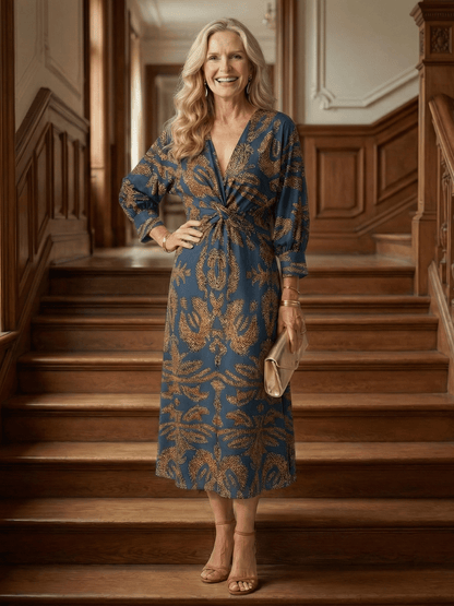 Fiorella | Vestido midi cruzado natural - VENZA BARCELONA