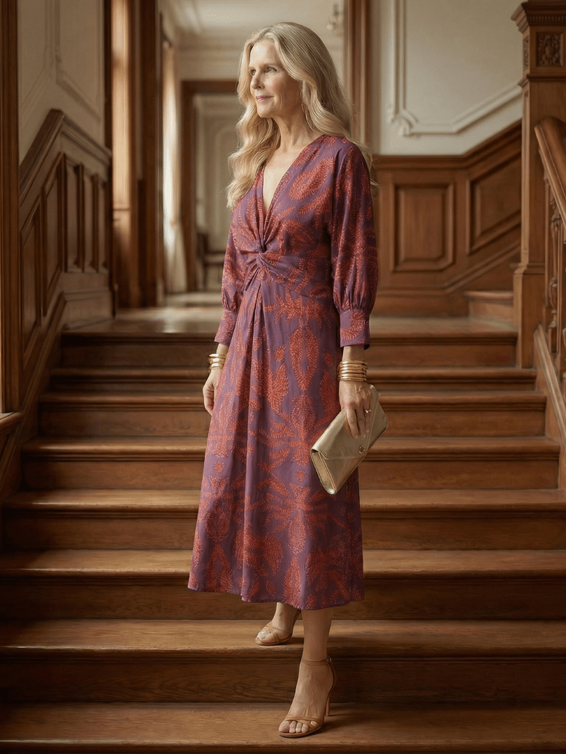 Fiorella | Vestido midi cruzado natural - VENZA BARCELONA