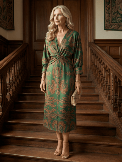 Fiorella | Vestido midi cruzado natural - VENZA BARCELONA