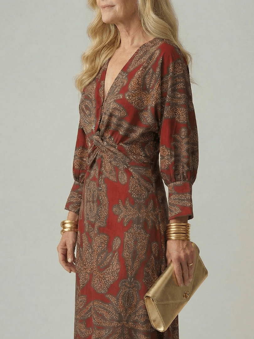 Fiorella | Vestido midi cruzado natural - VENZA BARCELONA