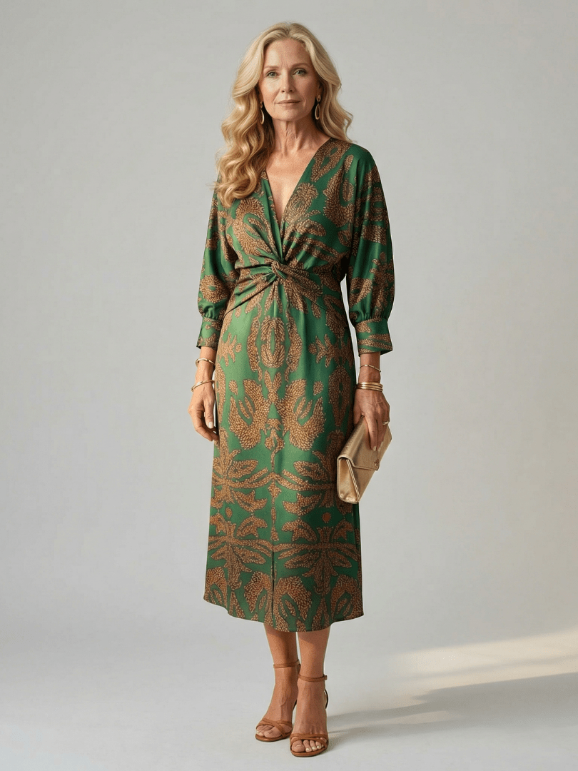 Fiorella | Vestido midi cruzado natural - VENZA BARCELONA
