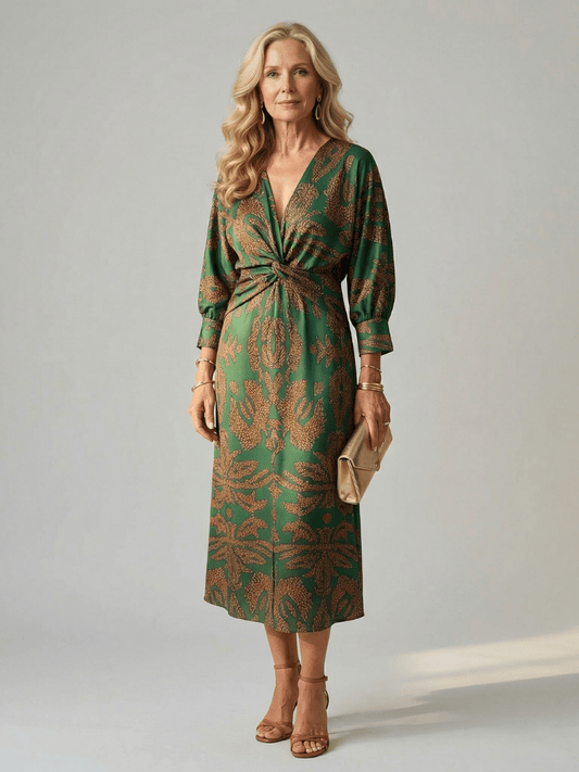 Fiorella | Vestido midi cruzado natural - VENZA BARCELONA