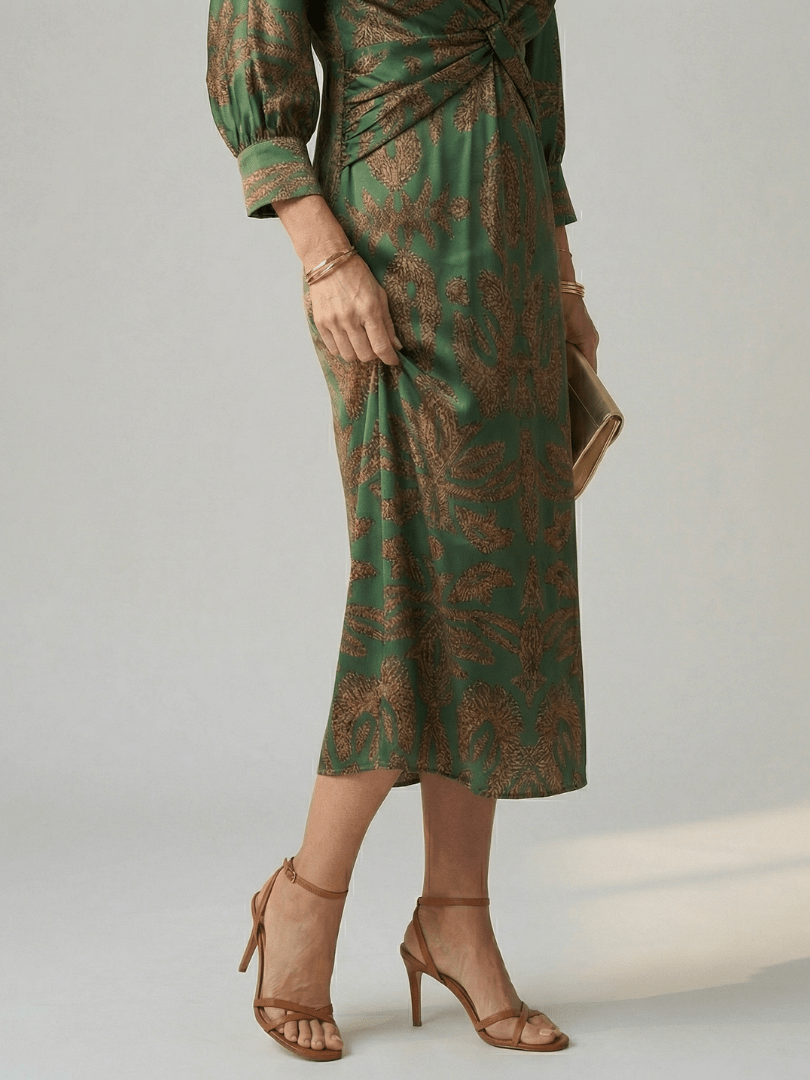 Fiorella | Vestido midi cruzado natural - VENZA BARCELONA