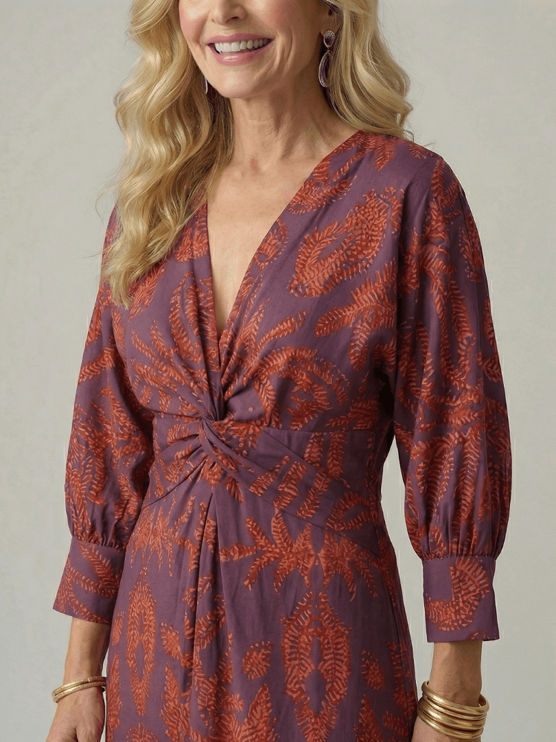 Fiorella | Vestido midi cruzado natural - VENZA BARCELONA
