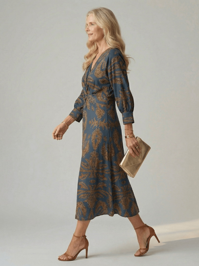 Fiorella | Vestido midi cruzado natural - VENZA BARCELONA