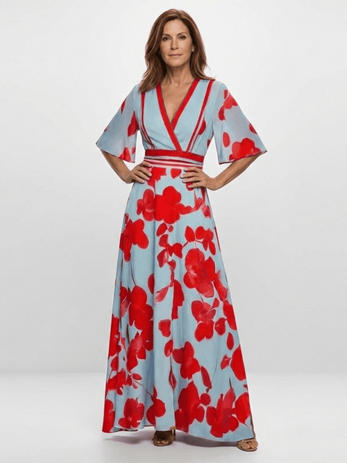 Gianna | Vestido largo floral con escote en V y manga corta - VENZA BARCELONA