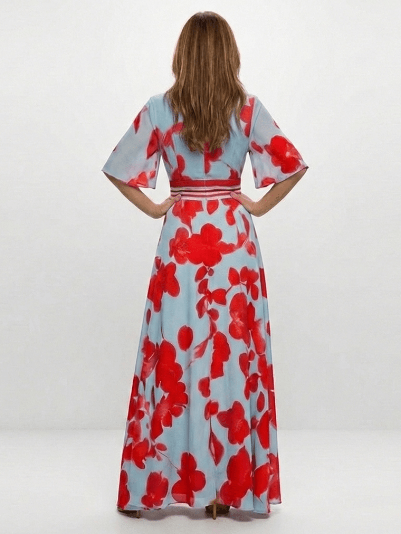 Gianna | Vestido largo floral con escote en V y manga corta - VENZA BARCELONA