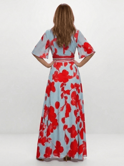 Gianna | Vestido largo floral con escote en V y manga corta - VENZA BARCELONA