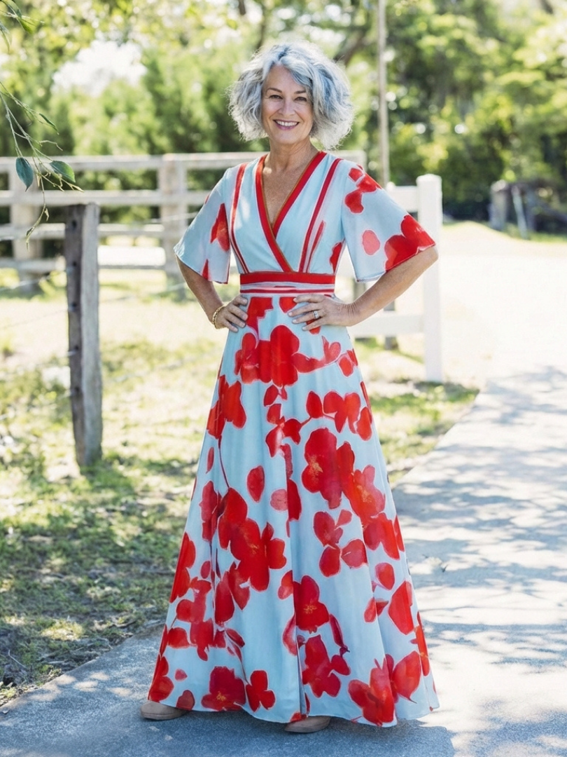 Gianna | Vestido largo floral con escote en V y manga corta - VENZA BARCELONA