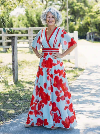 Gianna | Vestido largo floral con escote en V y manga corta - VENZA BARCELONA